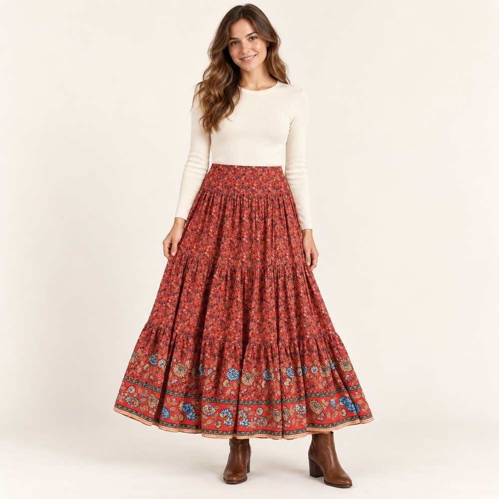 Natural Life L Red Floral Tiered  Hanna Maxi Skirt Smocked Back Boho Rayon